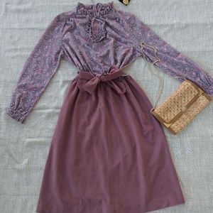 70s High Collared Paisley Secretary Dress Mauve Medium